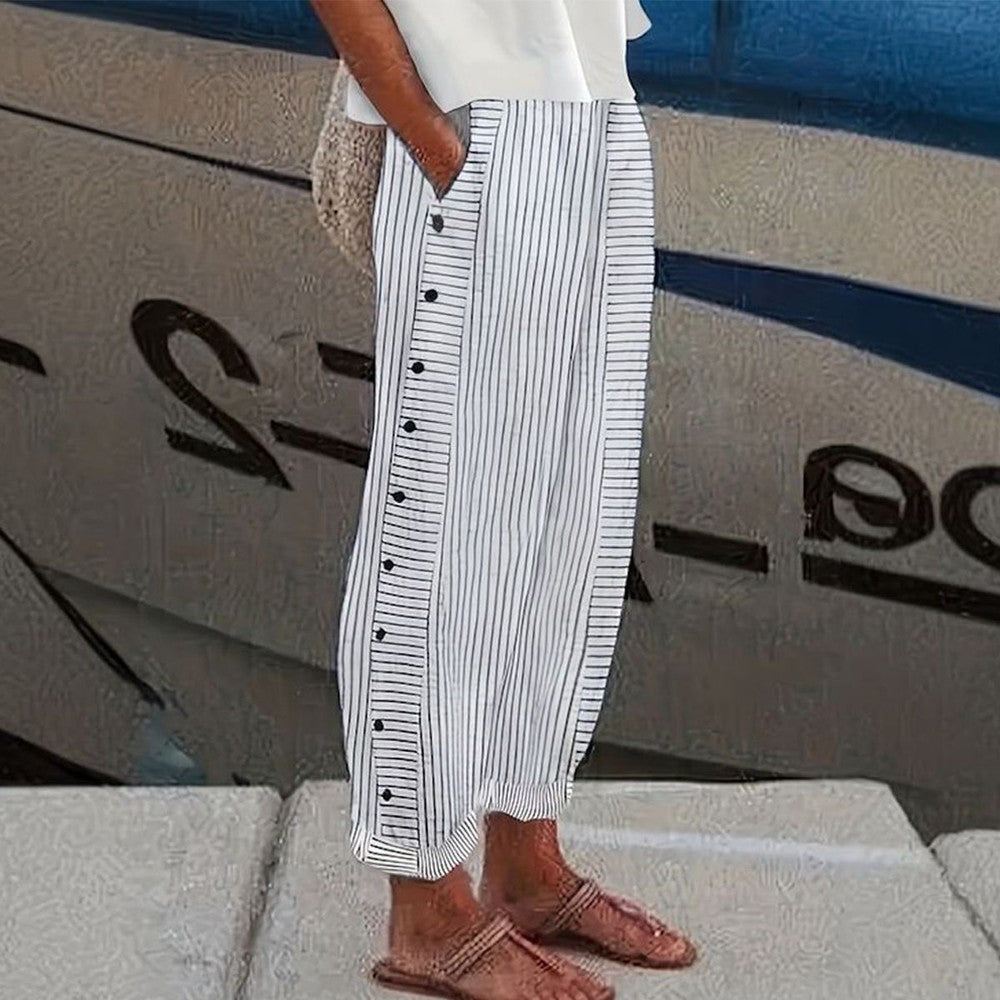 Fashionable women's striped wide leg pants with a Camellia design, ideal for versatile styling from casual to smart casual.