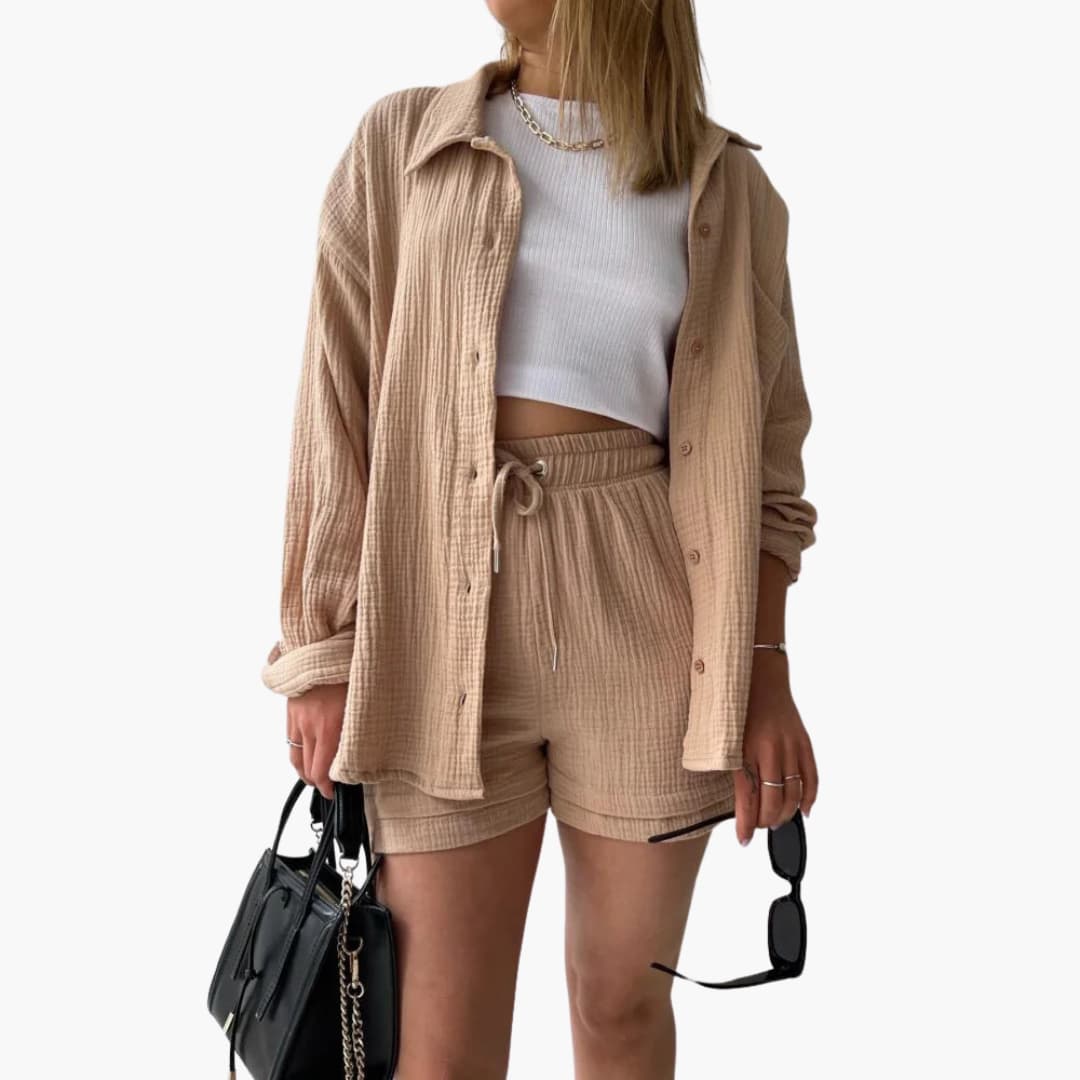 Women's relaxed fit two piece shorts set with button-up top, perfect for summer casual wear.