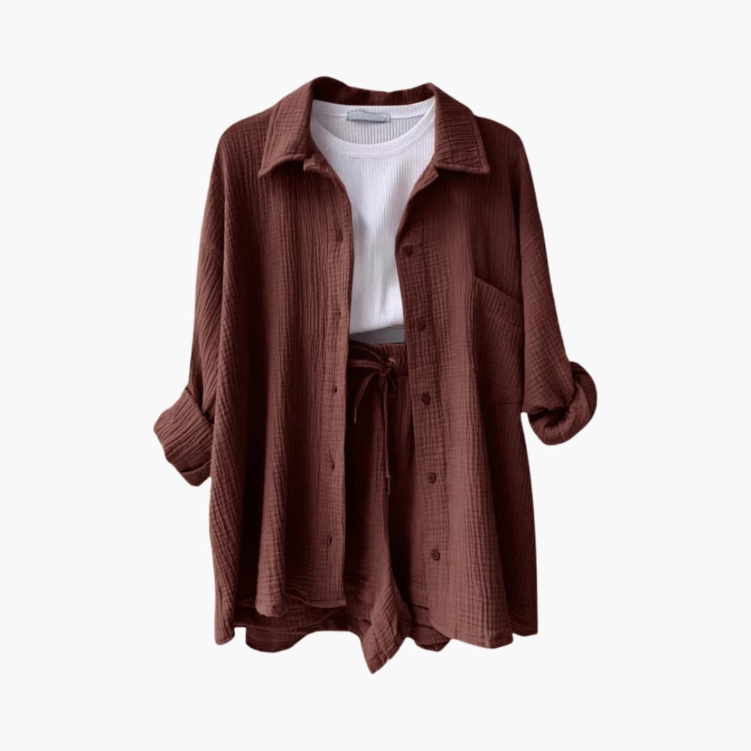 Versatile women's relaxed fit two piece shorts set, button-up matching loungewear for summer outfits.