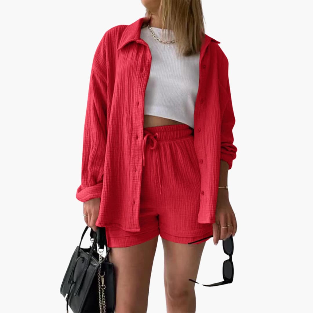 Ultra-comfortable women's loungewear two piece shorts set with relaxed fit, ideal for casual summer days.