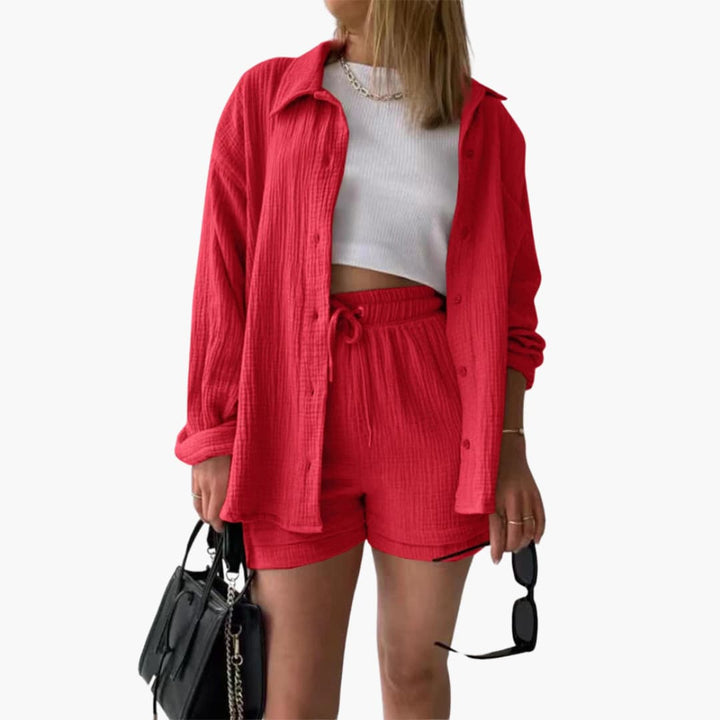 Ultra-comfortable women's loungewear two piece shorts set with relaxed fit, ideal for casual summer days.