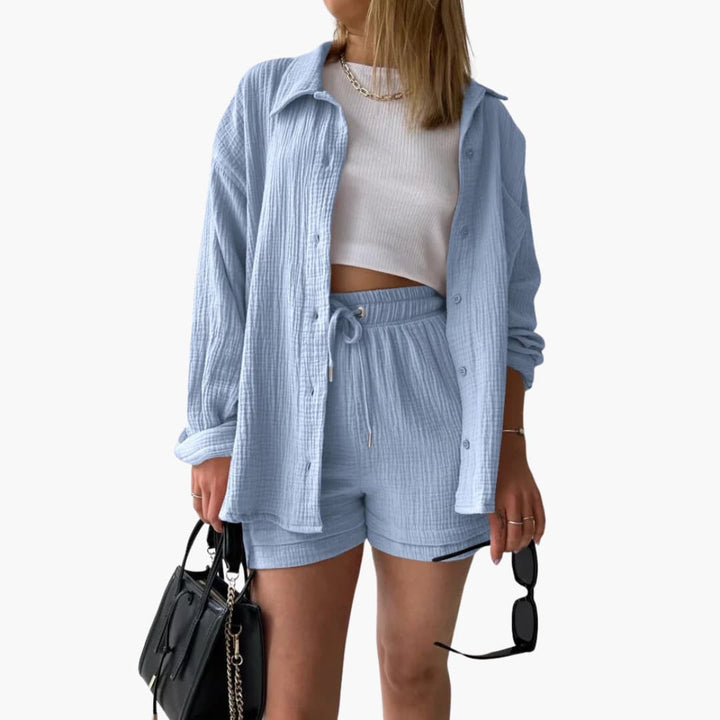 Womens two piece shorts set, relaxed fit loungewear, button-up matching set for spring summer fashion.