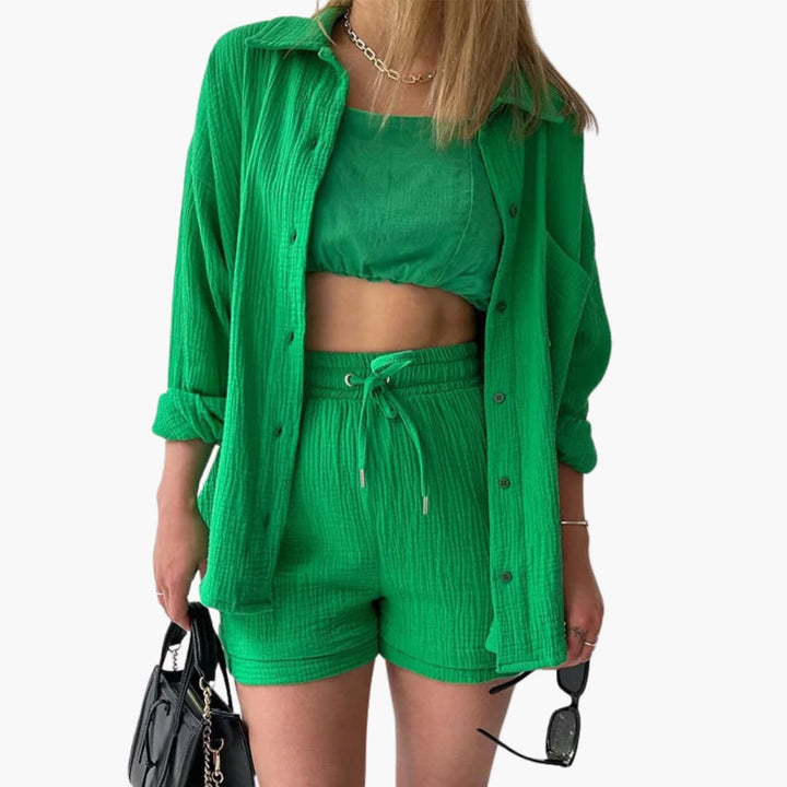 Trendy women's relaxed fit shorts set, a button-up two piece for spring fashion and summer style.