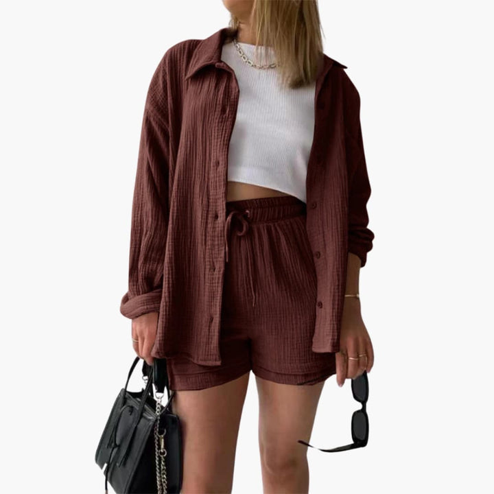 Relaxed fit women's two piece shorts set. Comfortable button-up loungewear for spring and summer.