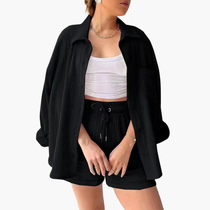 Breathable women's relaxed fit two piece shorts set, a perfect summer outfit and matching loungewear.