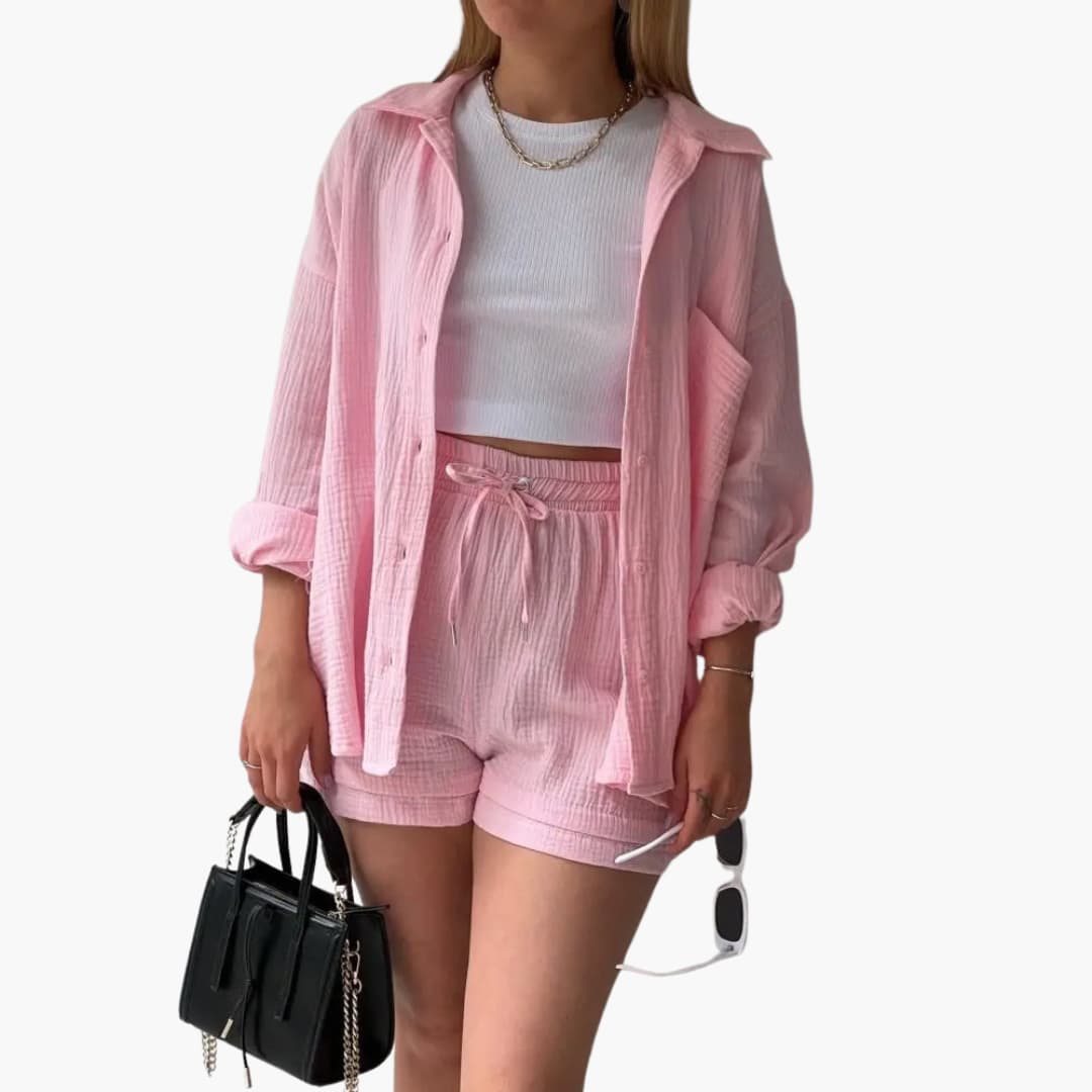 Women's button-up two piece shorts set, a relaxed fit summer outfit and versatile casual wear option.