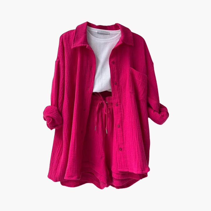 Stylish matching two piece shorts set for women, relaxed fit, button-up top for summer outfits.