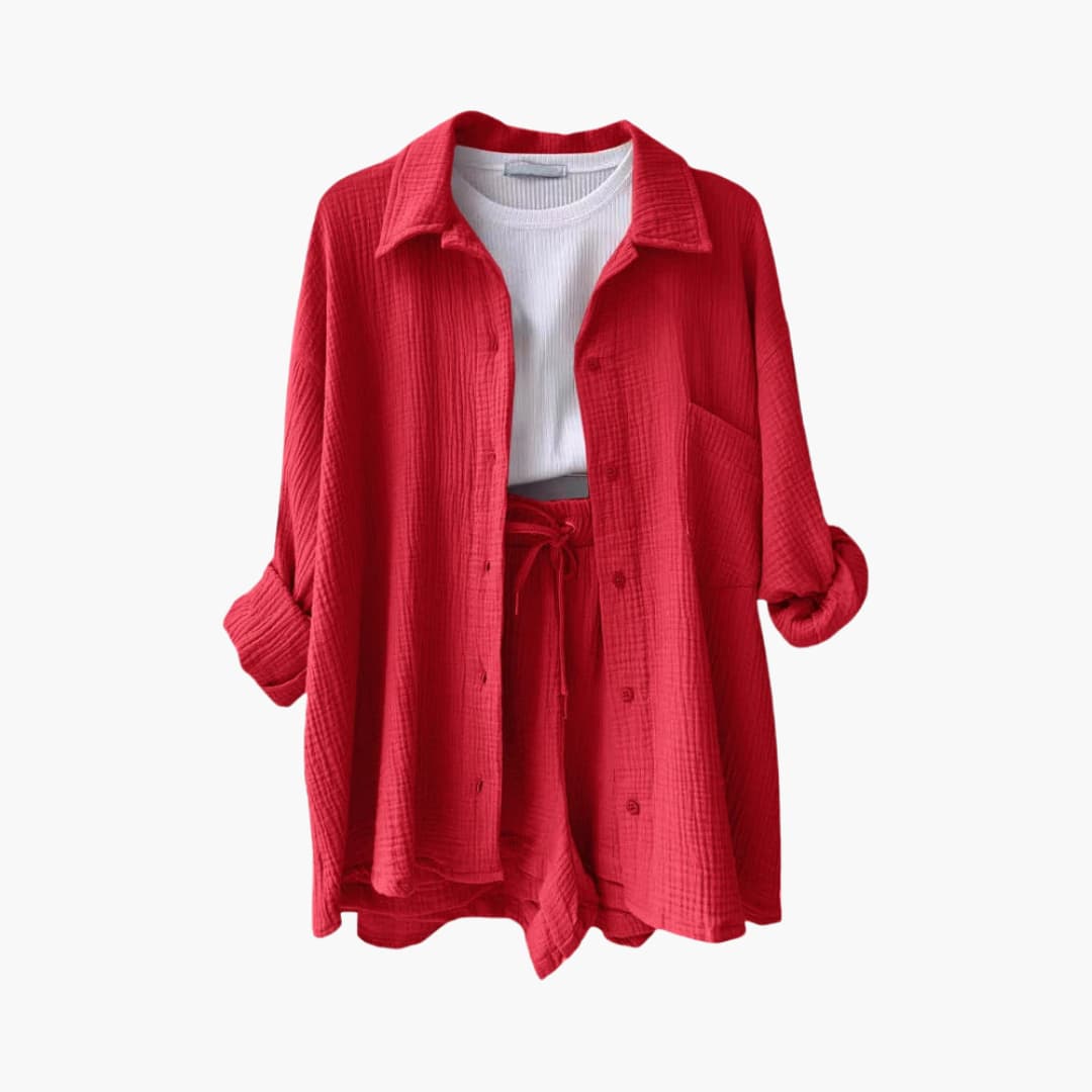 Women's button-up top and shorts matching set, relaxed fit two piece, perfect for spring and summer casual wear.