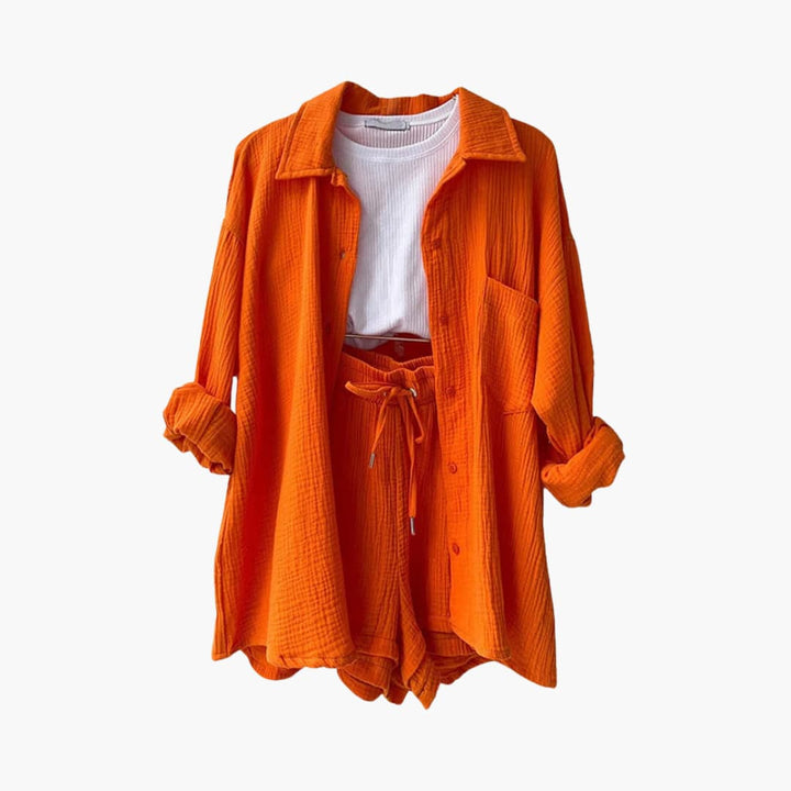 Casual women's two piece shorts set with relaxed fit, versatile summer outfit and loungewear choice.