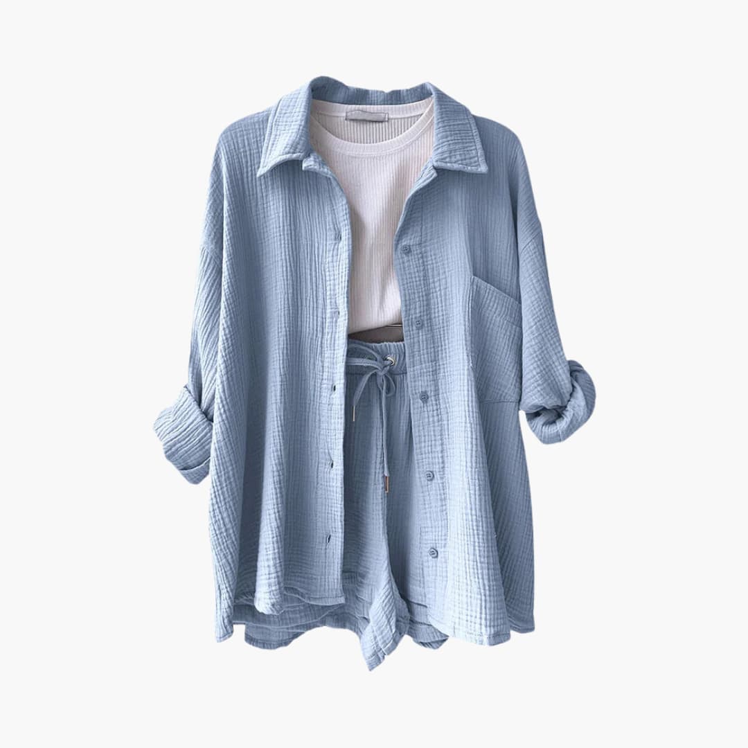 Relaxed fit women's two piece shorts set, comfortable and stylish button-up matching set for spring/summer.