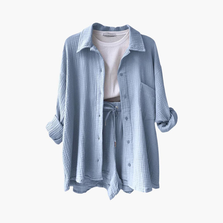 Relaxed fit women's two piece shorts set, comfortable and stylish button-up matching set for spring/summer.