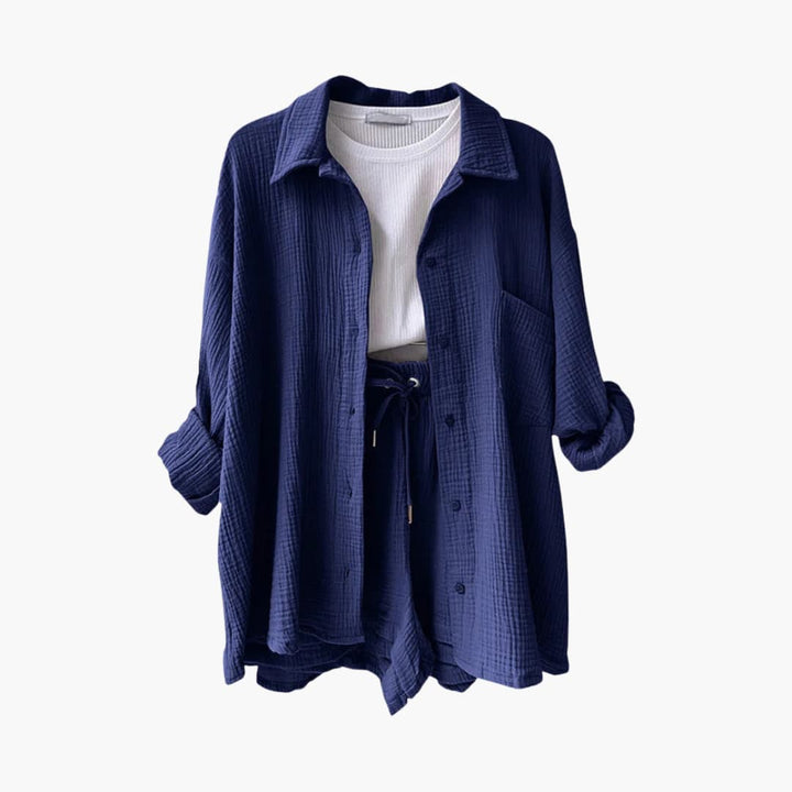 Womens two piece shorts set, a relaxed fit button-up loungewear outfit for spring and summer fashion.