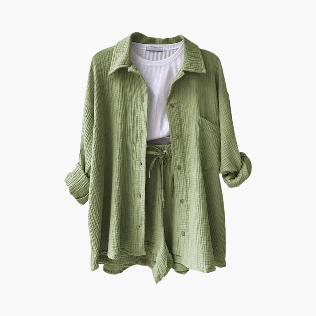 Lightweight women's relaxed fit shorts set, a two piece button-up outfit perfect for warm summer days.
