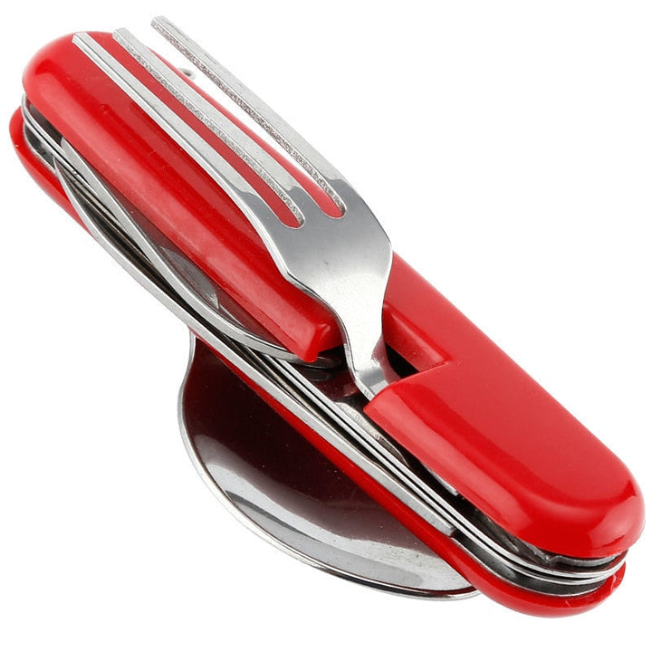Portable 4-in-1 stainless steel camping cutlery set for outdoor travel, hiking, and picnics.