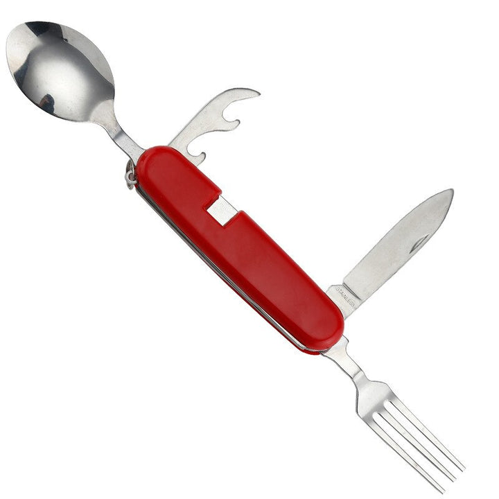 Durable stainless steel 4-in-1 portable utensil set for camping, hiking, and outdoor adventures.