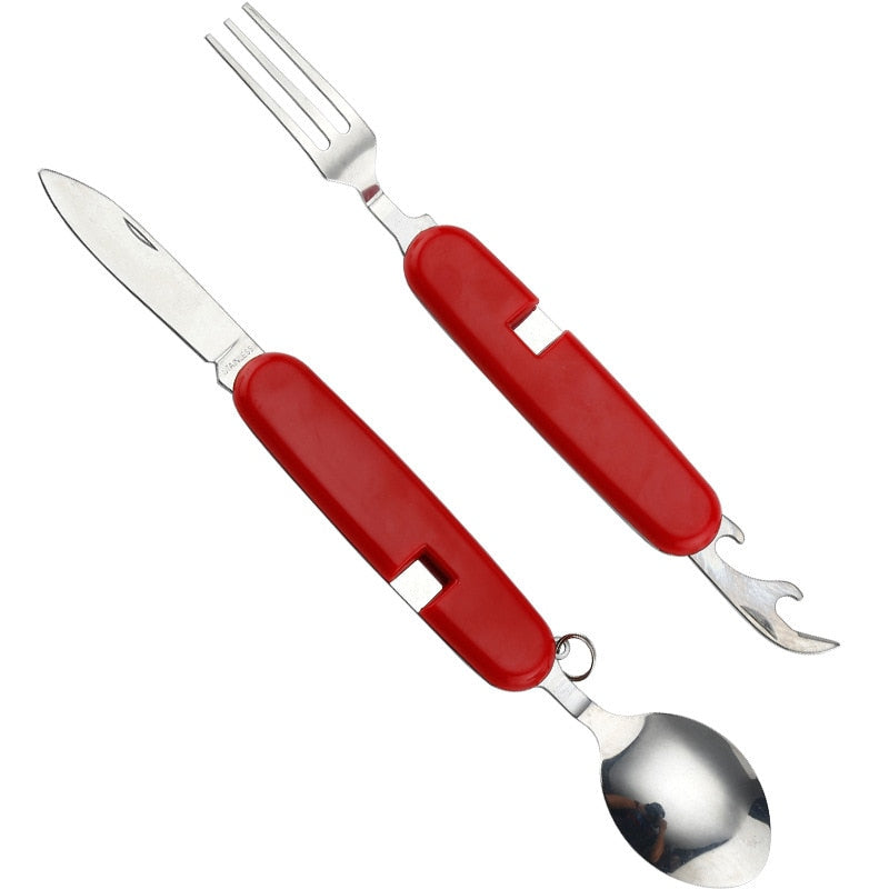 Lightweight 4-in-1 camping cutlery set with travel case; ideal for hikers & outdoor enthusiasts.