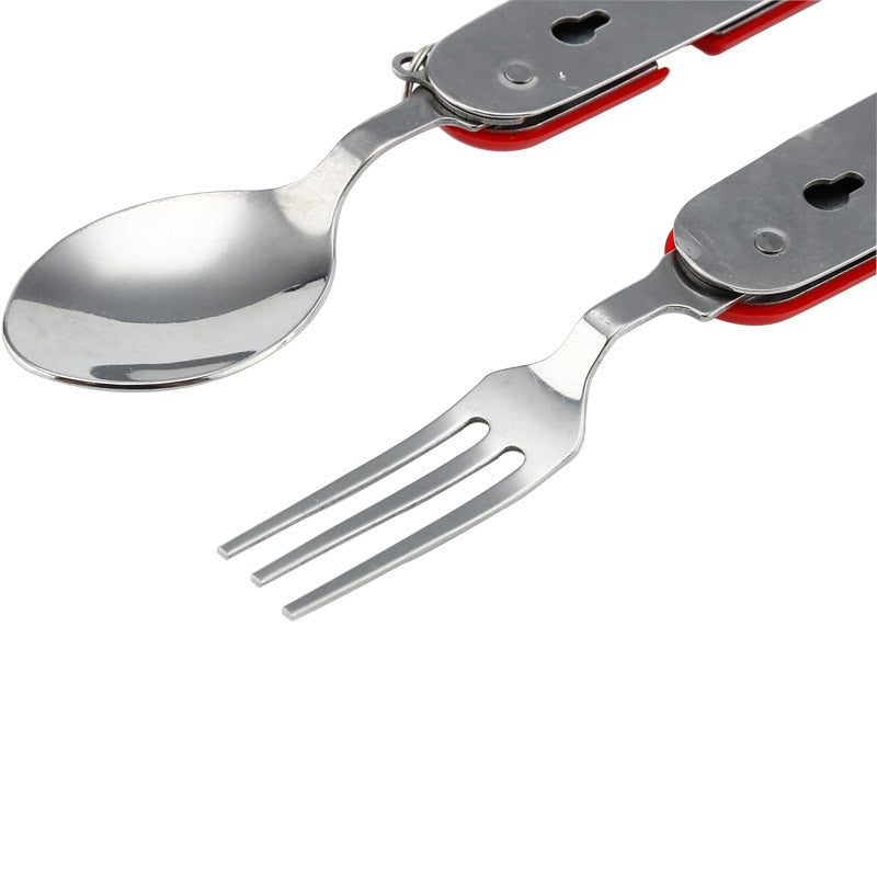 Multi-tool 4-in-1 portable cutlery set for picnics, travel, and camping essentials. Stainless steel.