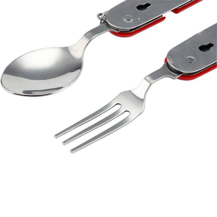 Multi-tool 4-in-1 portable cutlery set for picnics, travel, and camping essentials. Stainless steel.