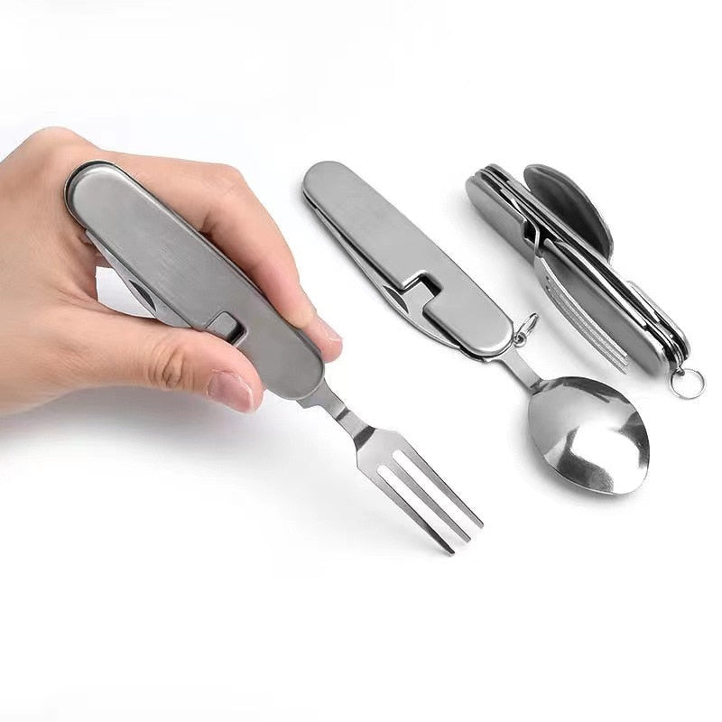 Easy-to-pack 4-in-1 camping utensil set. Stainless steel fork, spoon, knife for outdoor meals.