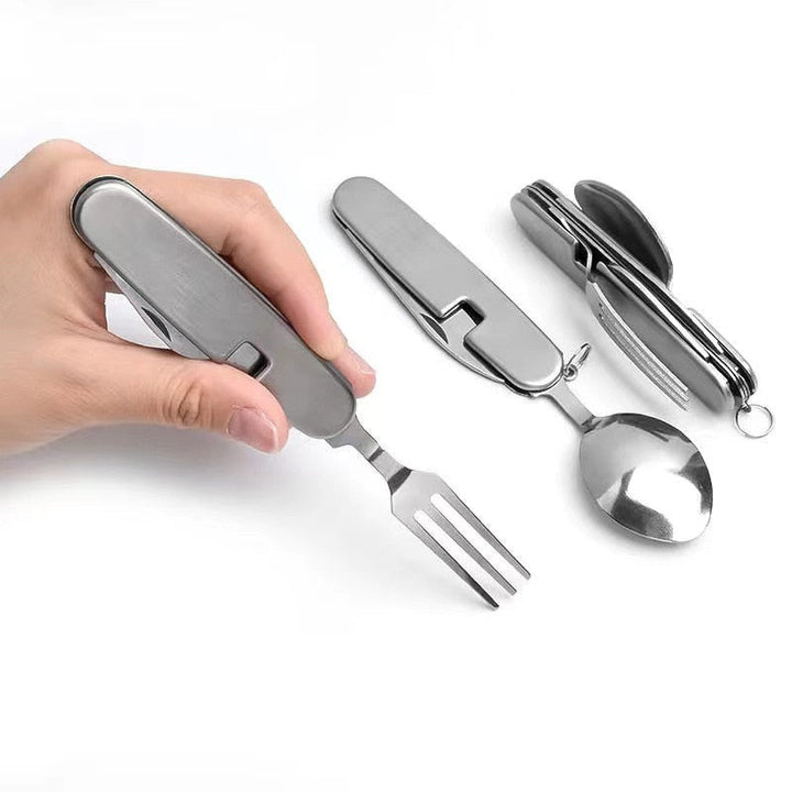 Easy-to-pack 4-in-1 camping utensil set. Stainless steel fork, spoon, knife for outdoor meals.