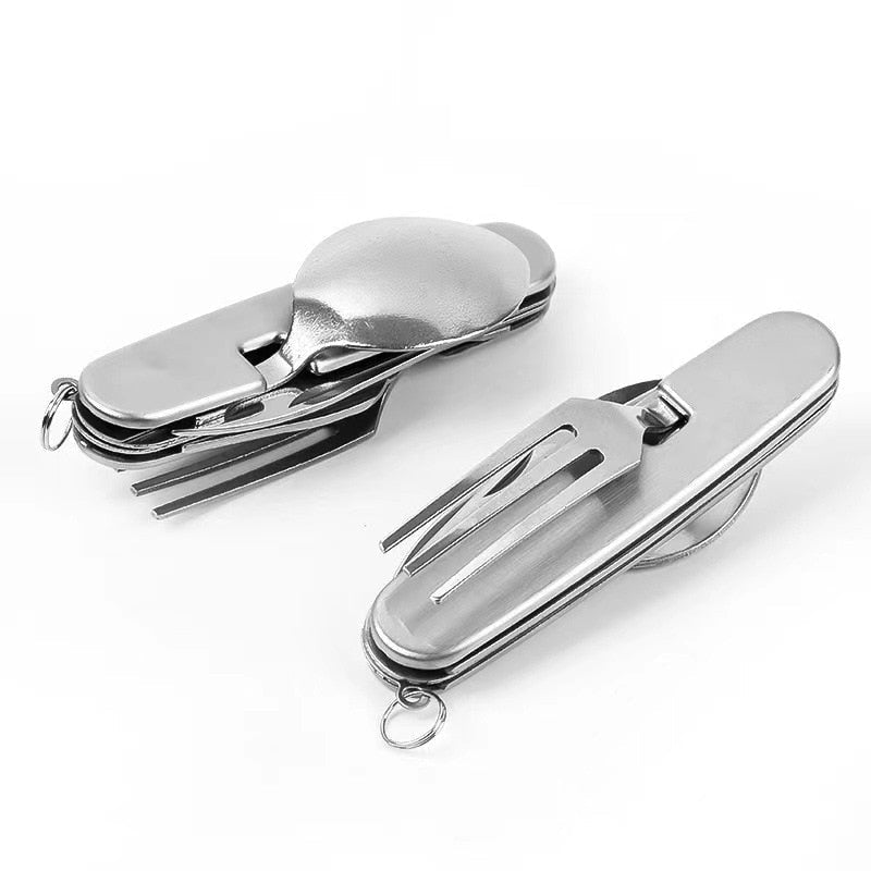 Versatile 4-in-1 stainless steel travel cutlery kit for all your outdoor eating needs. Hiking & camping.