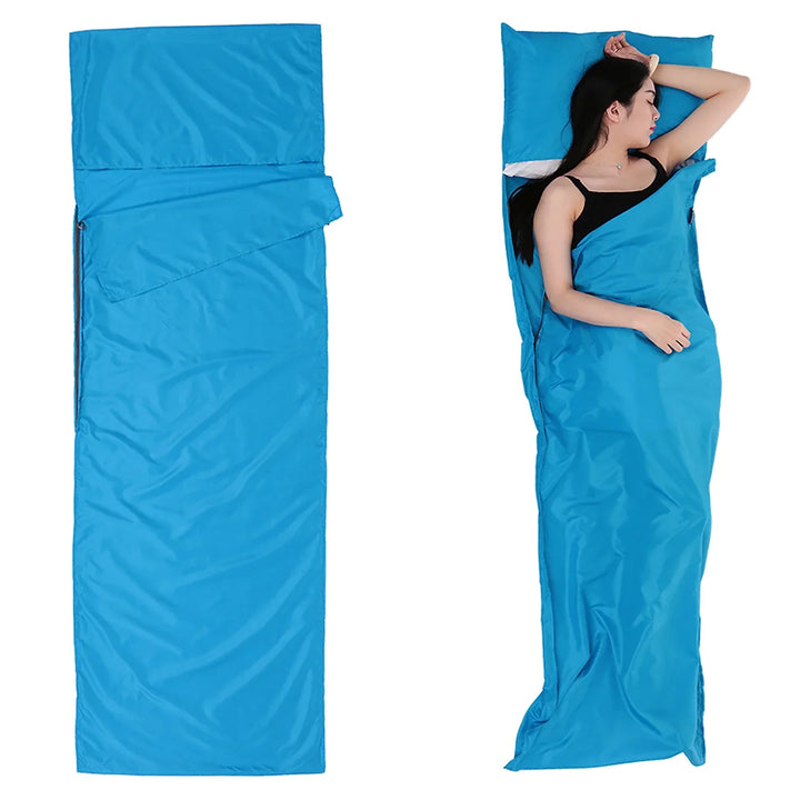 Versatile travel sleep liner with pillowcase, ideal for camping, backpacking, and as a sleeping bag accessory.