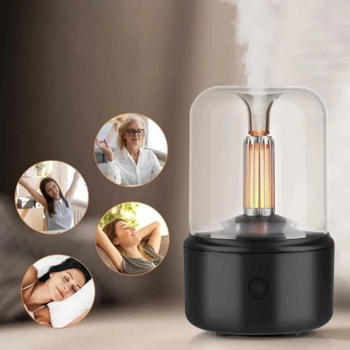 Unisex essential oil diffuser & humidifier with gentle candlelight glow, perfect for unwinding and aromatherapy.