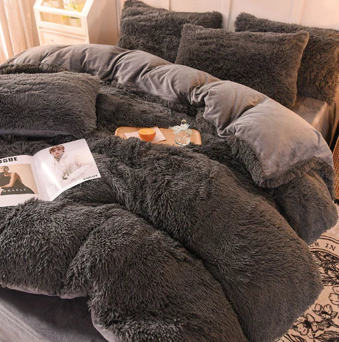 Luxurious pastel plush duvet cover, ultimate comfort for a cozy winter bedroom. Soft flannel bedding home decor.