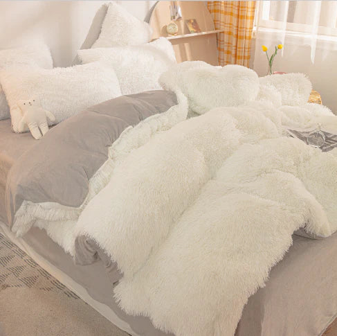 Close-up of soft plush flannel duvet cover texture, inviting warmth for ultimate bedroom comfort. Cozy winter bedding.