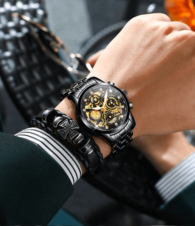 Fashion-forward men's automatic skeleton watch. Functional elegance with a visible mechanical movement.
