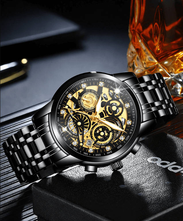 Men's automatic skeleton dress watch worn on wrist. Transparent dial highlights the sophisticated mechanical movement.