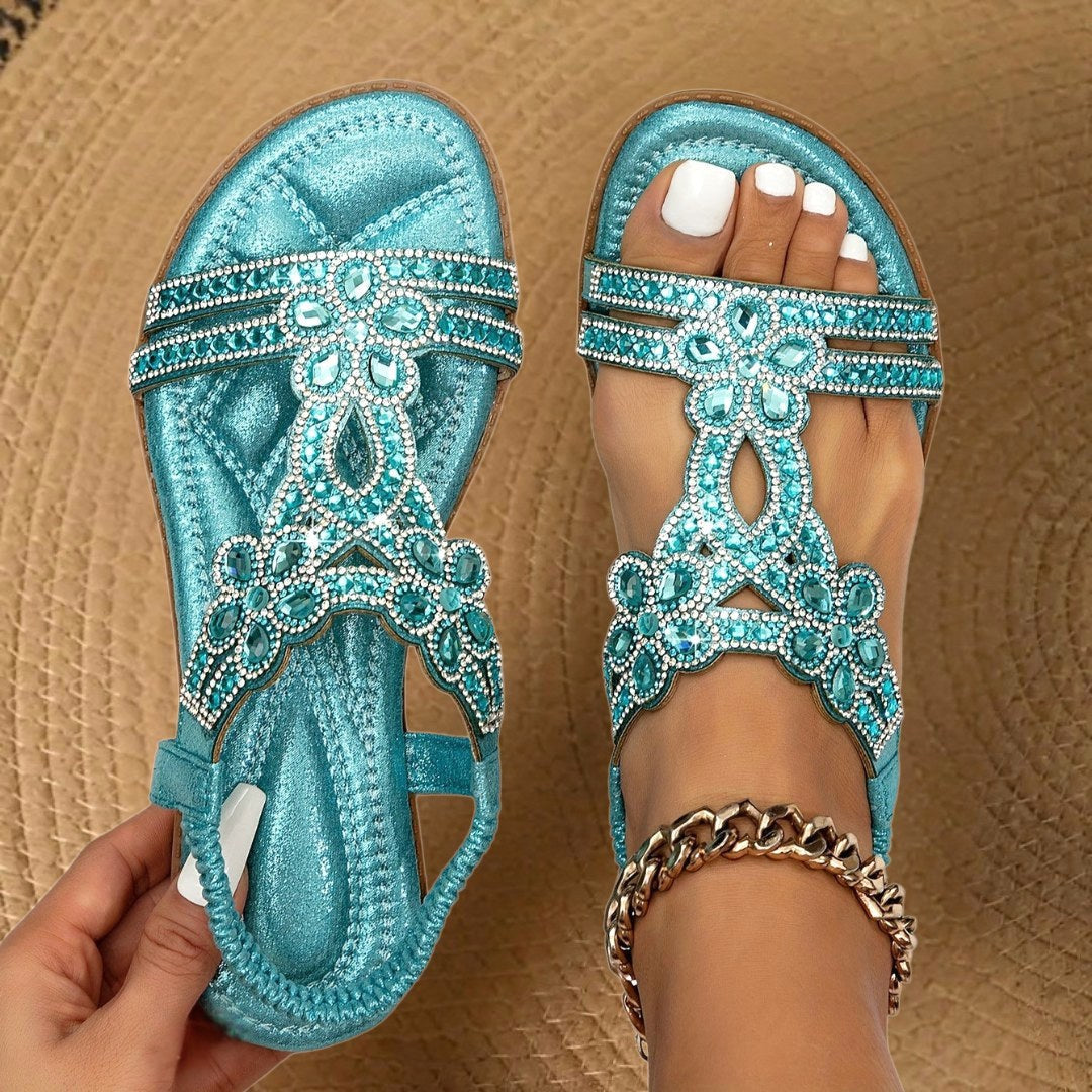 Women's orthopedic flat sandals with rhinestone detail, offering arch support & everyday comfort.