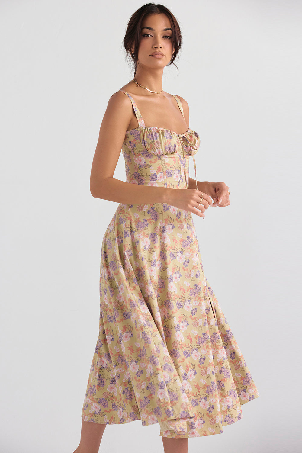 Blossom print bustier midi dress for women, an elegant sleeveless choice for any occasion.