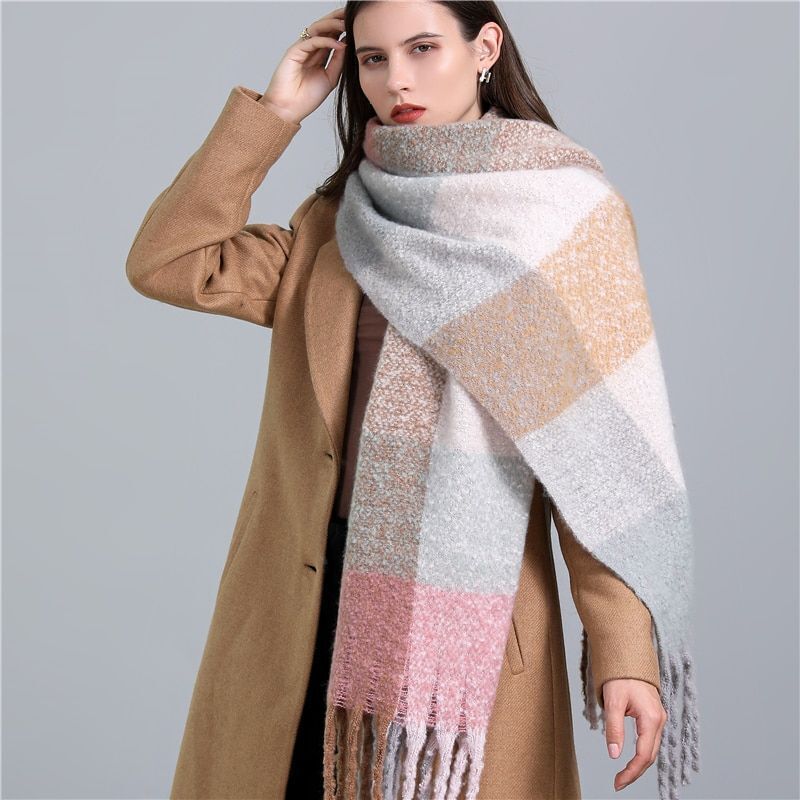Plush women's checked winter scarf, luxuriously soft, warm, and fashionable for any outfit.