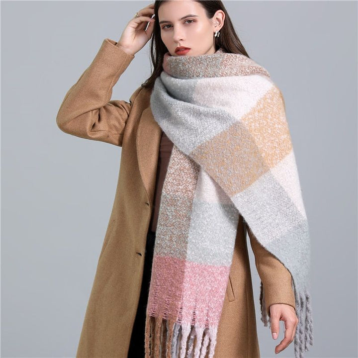 Plush women's checked winter scarf, luxuriously soft, warm, and fashionable for any outfit.