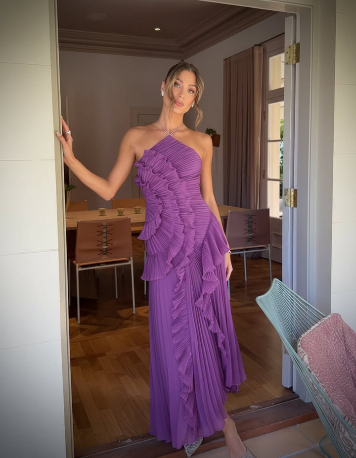 Lavender ruffled halter maxi dress for women, perfect for formal events & evening parties.