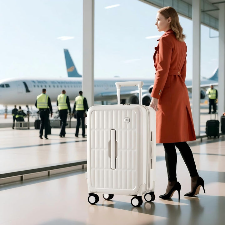 Hard-wearing black hardshell travel gear, a spacious suitcase with effortless spinner wheels.