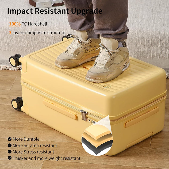 Practical hardshell carry-on luggage with silent spinner wheels, a smart choice for travel.