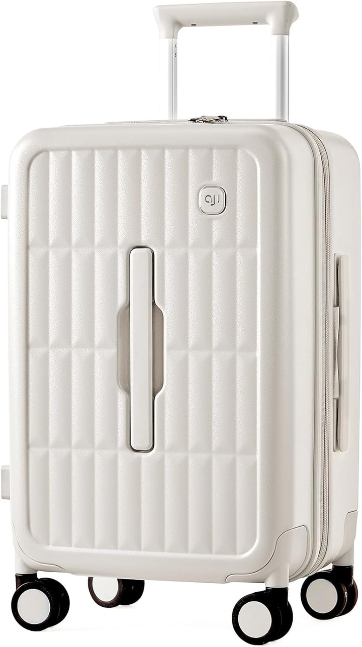 Front view of a spacious hardshell suitcase with reliable spinner wheels, ready for travel.