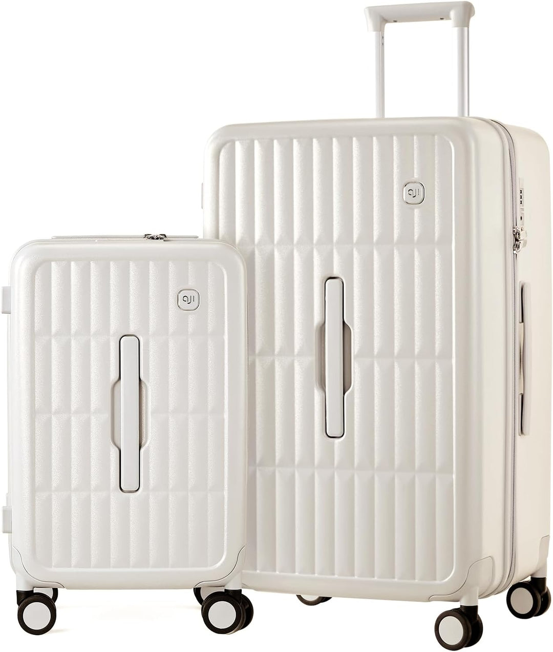 Spacious silver hardshell suitcase, perfect for vacation or business travel, with durable spinner wheels.