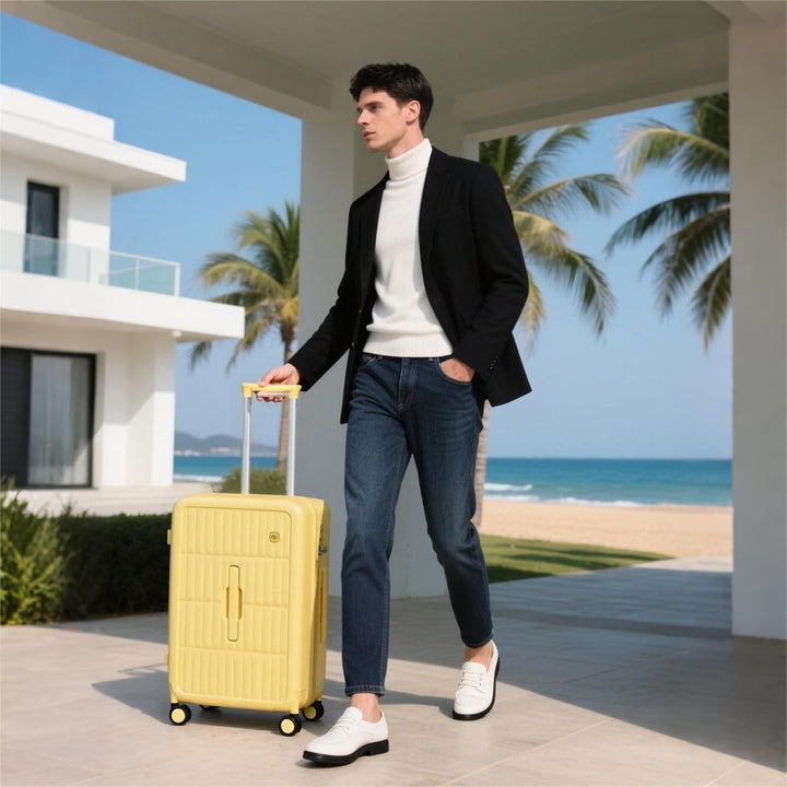 Large capacity hardshell travel luggage with durable spinner wheels for long vacations.
