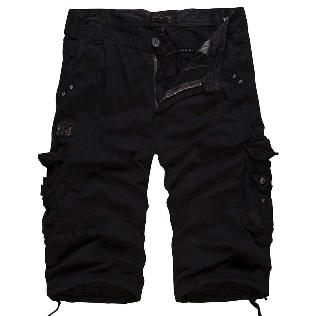 Men's multi-pocket cargo shorts, relaxed fit, comfortable drawstring waist for casual summer outdoor use.