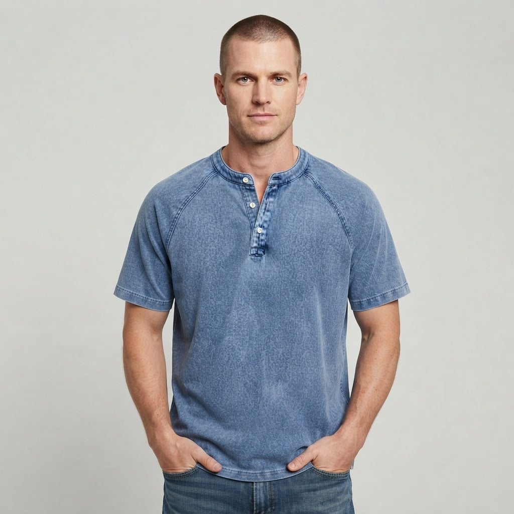 Men's cosy washed Henley t-shirt, short sleeve, casual style with button placket.