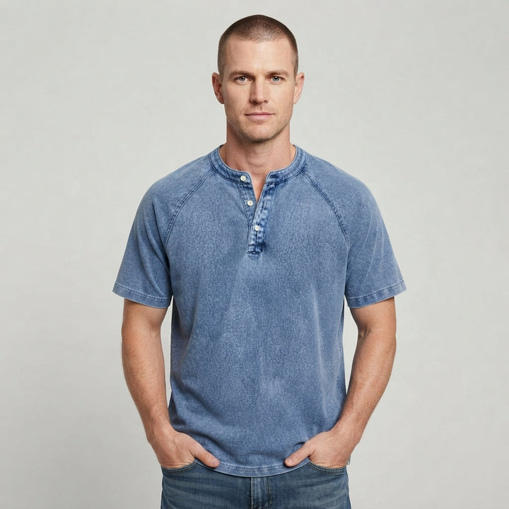 Men's cosy washed Henley t-shirt, short sleeve, casual style with button placket.
