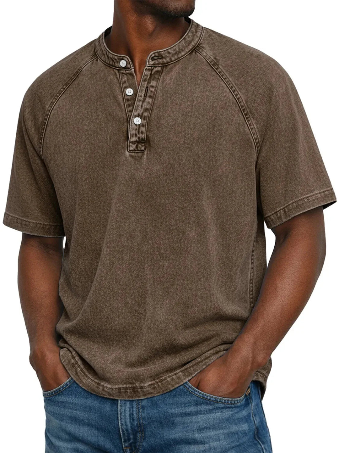 Cosy men's washed Henley t-shirt, soft short sleeve design for ultimate comfort & relaxed fit.