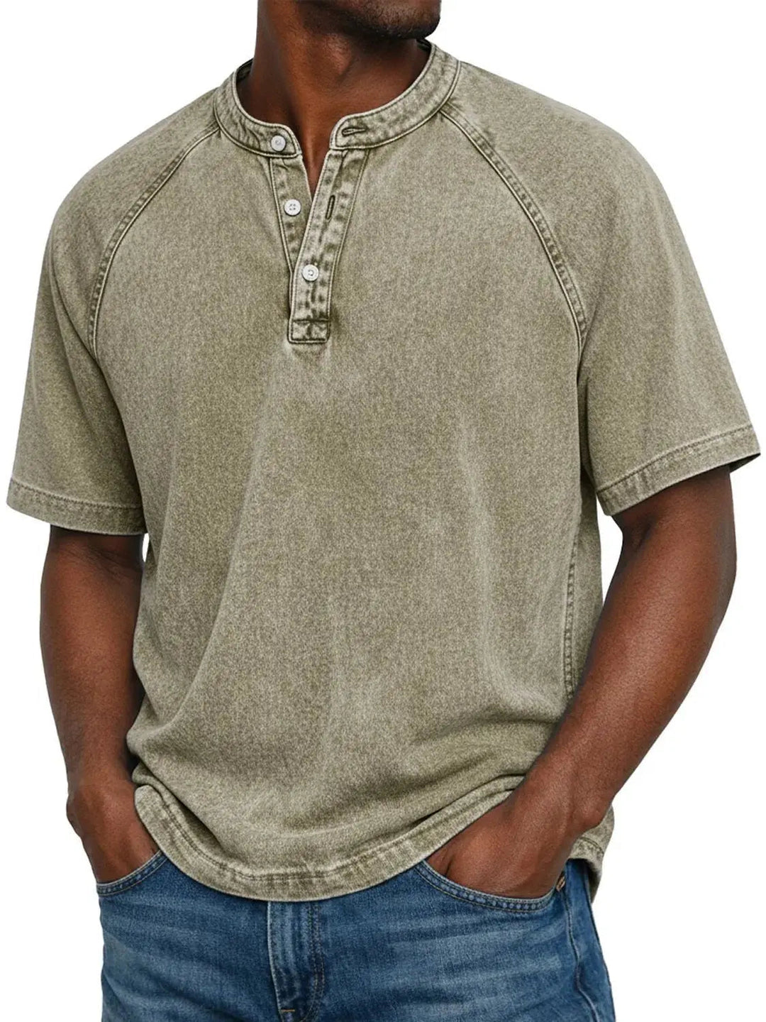 Versatile men's washed Henley t-shirt, short sleeve, a casual wardrobe staple for everyday comfort.