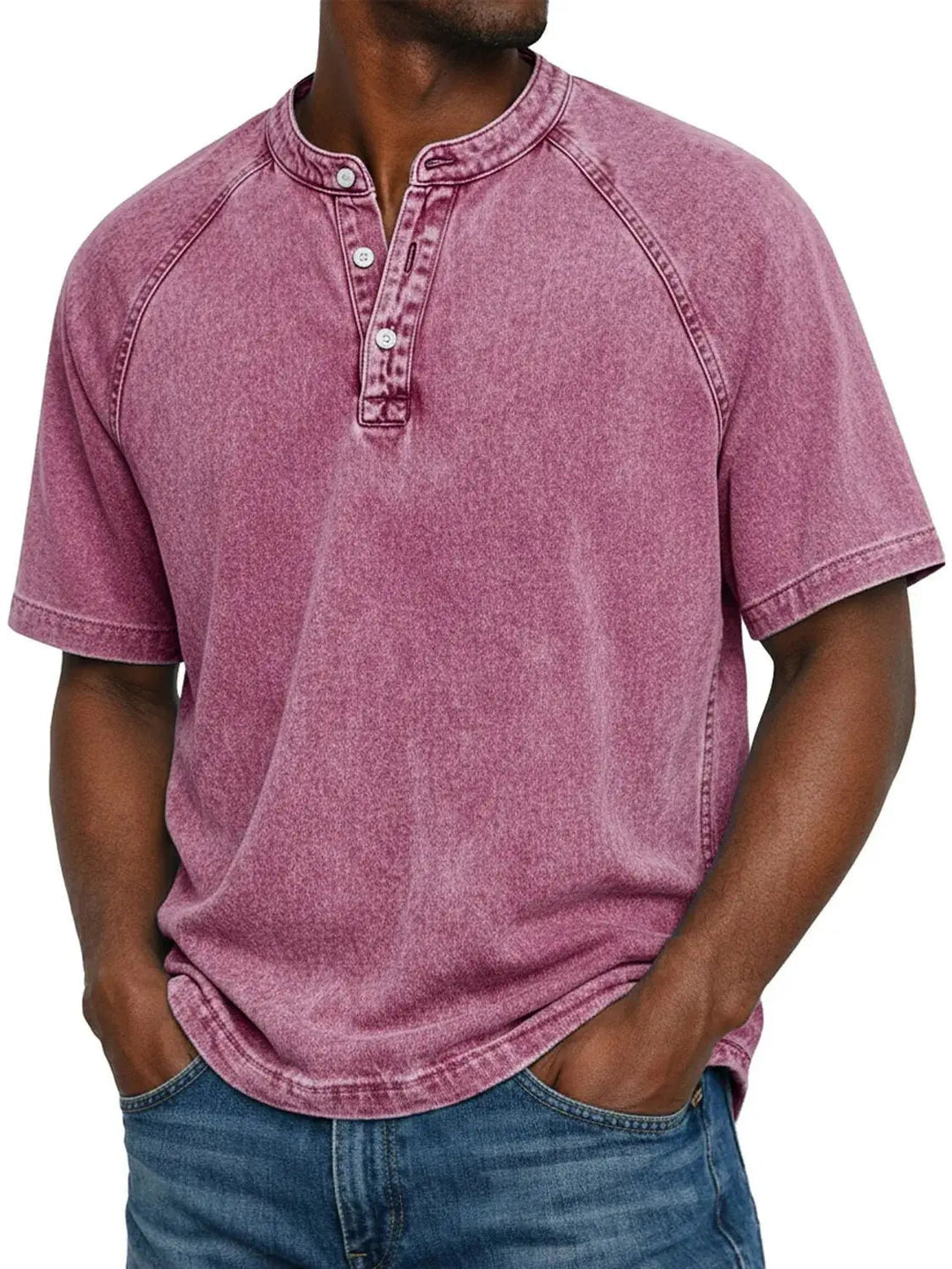 Stylish men's washed Henley t-shirt with button placket, short sleeve, relaxed fit, casual look.