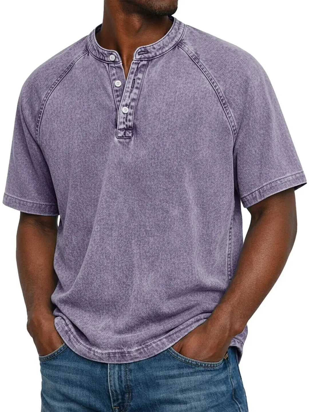 Man wearing a relaxed fit short sleeve washed Henley t-shirt, ideal for everyday casual comfort.