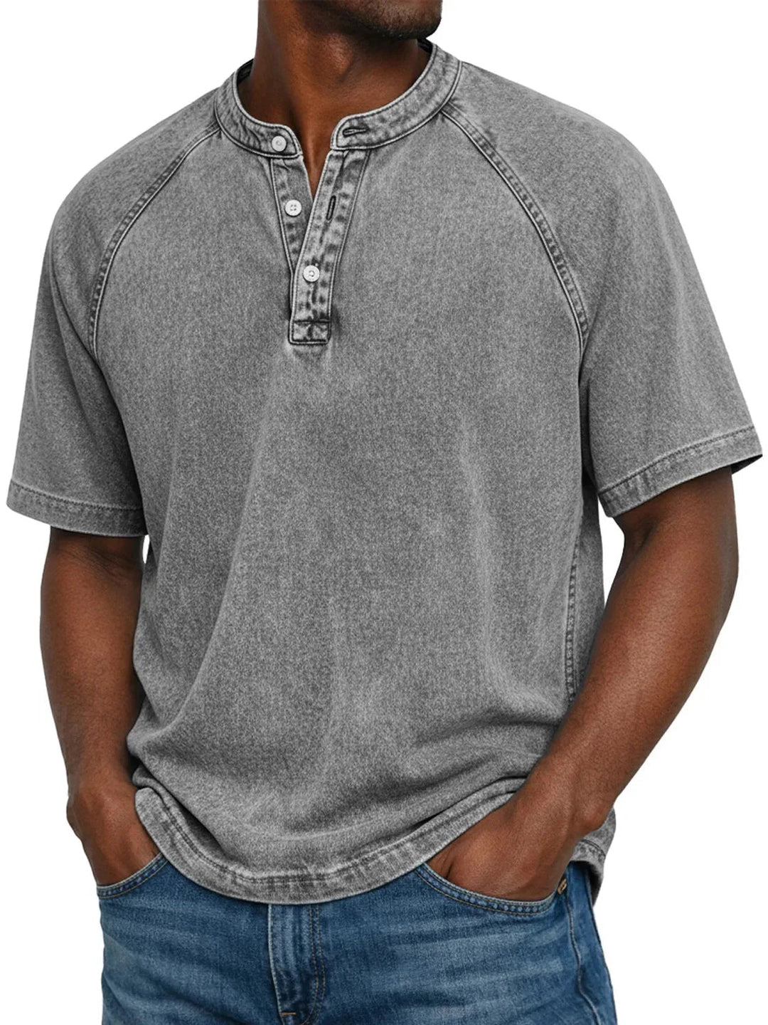 Back of men's short sleeve washed Henley t-shirt, emphasizing casual comfort and everyday style.