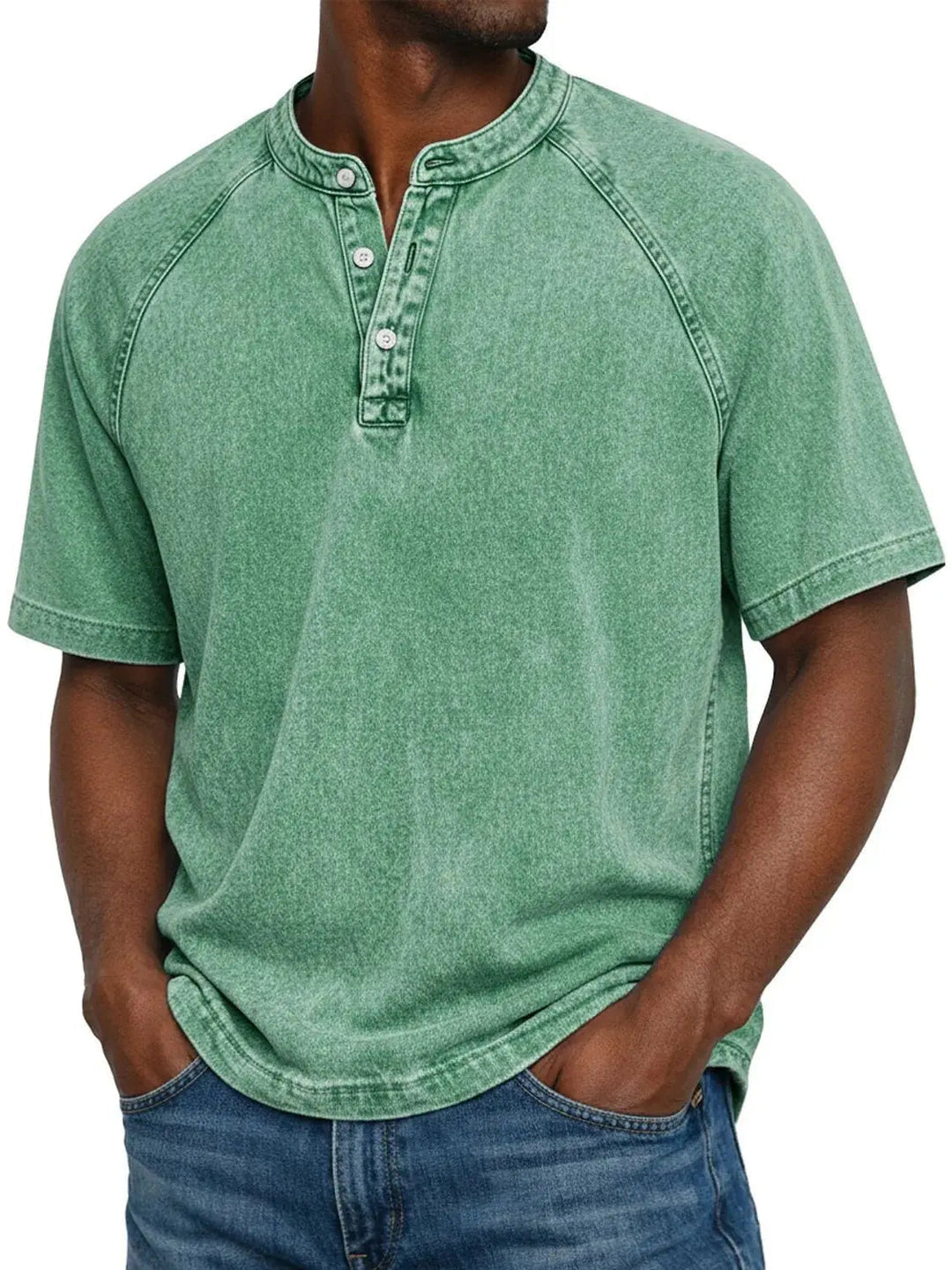 Men's washed Henley t-shirt on hanger, short sleeve, relaxed fit for comfortable everyday wear.